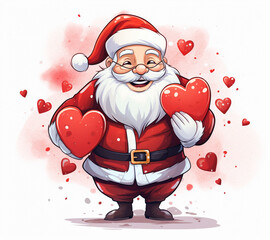Happy Santa Claus holds a heart in his hands. The style of manual graphics. Santa Claus isolated on the white background. Sketch style.