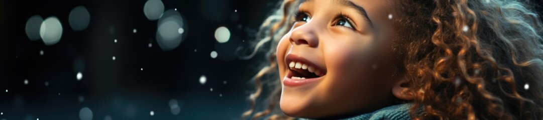 Close up wide image of excited african american kid in warm clothes looking at flying snowflakes. Generated AI