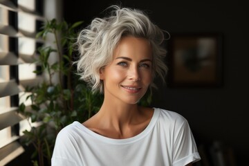 A smiling young woman with blond hair in casual attire. Generated AI - obrazy, fototapety, plakaty