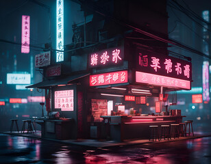 Pop-up Cyberpunk noodle stand on a foggy urban street