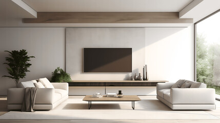 Fototapeta na wymiar Sleek Minimalism - Modern Living Room Interior Design with Stylish TV Setup, generative Ai