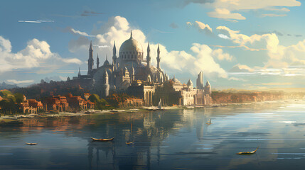 illustration of a magnificent city, seen from across the sea