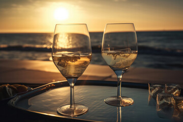 Obraz premium Sip on a delicious champagne beverage at a table reflecting the beauty of a golden sunset. AI Generative.