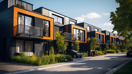 Modern Urban Living - Black Modular Townhouses with Contemporary Residential Architecture, generative Ai