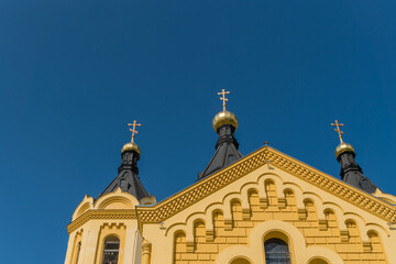 Nizhny Novgorod, Russia, July 6, 2023. Fragment of the facade of the Alexander Nevsky Temple.