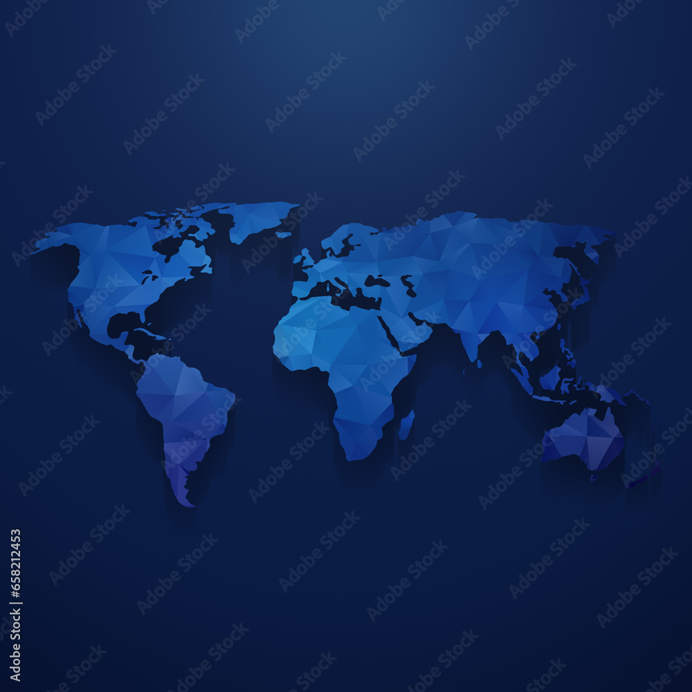 Poster blue 3d polygon pattern world map with light effect and shadow on a dark blue background. high resol