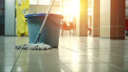 Floor mop and bucket on the floor tiles of store during the afternoon with sun light - obrazy, fototapety, plakaty