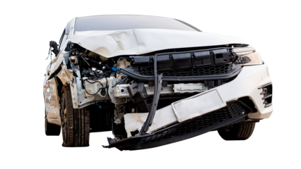 Front of white car get damaged by accident on the road. damaged cars after collision. isolated on transparent background, PNG file