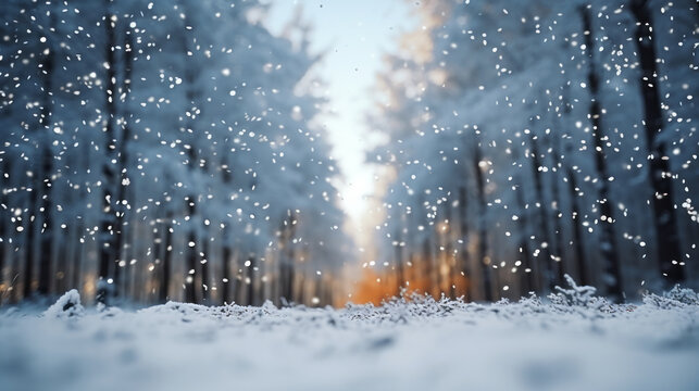 Low angle winter forest landscape blurry background with snow trees and snowfall