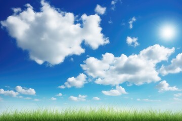 Obraz na płótnie Canvas Green grass and blue sky with white clouds background