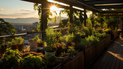 Urban rooftop garden in a terrace of a capital city with sun light - obrazy, fototapety, plakaty
