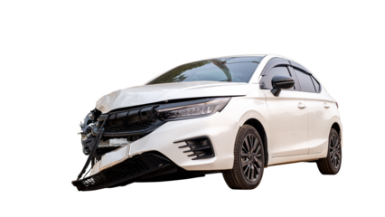Front of white car get damaged by accident on the road. damaged cars after collision. isolated on transparent background, PNG file