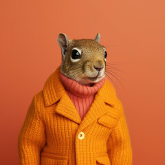 Fashion squirrel in fall outfit, orange monochrome color
