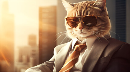 Portrait of a cat in a business suit and brown glasses on bokeh background generative ai
 - obrazy, fototapety, plakaty
