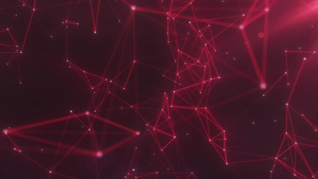 Animated red background, from plexus and particles, camera movement, abstract animation. 4K rendering. technology and science