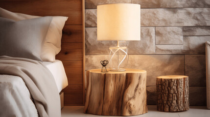 Rustic Modern Comfort - Bedroom Interior Design with Natural Log Lampshade, generative Ai