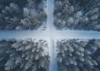 an aerial shot of snowy road in the middle of a forest