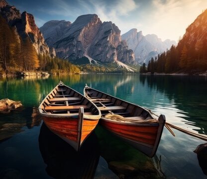 two wooden boats tied to a wooden dock in the mountains © olegganko