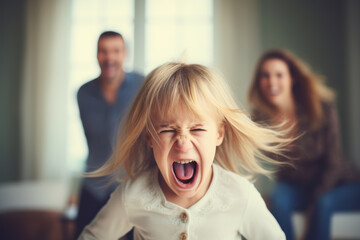 Portrait of angry little girl screaming in front of her parents at home - obrazy, fototapety, plakaty