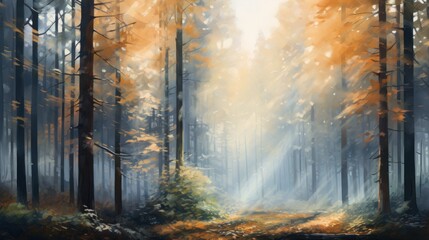 impressionist style oil painting. Tranquil forest scene with a misty atmosphere - obrazy, fototapety, plakaty