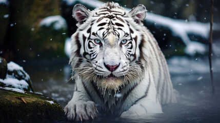White tiger with black stripes laying down in a wood. - Powered by Adobe