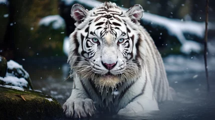 Fotobehang White tiger with black stripes laying down in a wood. © Ruslan Gilmanshin