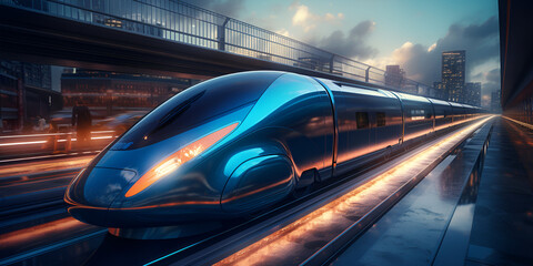 A bullet train is going down the track with a cloudy sky in the background - obrazy, fototapety, plakaty