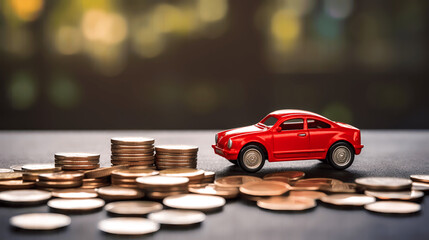 Fototapeta na wymiar Red Car on Coins Illustration, Conceptualizing Car Insurance and Loan Savings, generative Ai