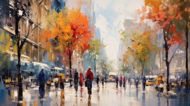 impressionist style oil painting. Bustling cityscape with bold brushstrokes and pops of color