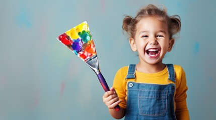 Happy child holding a palette and paintbrush