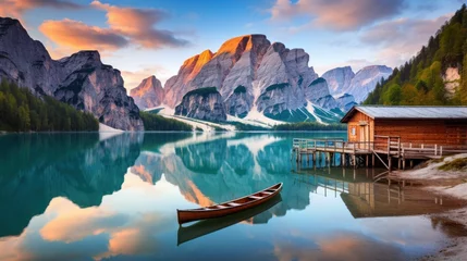 Foto auf Acrylglas Dolomiten three huts with two boat in water on lake