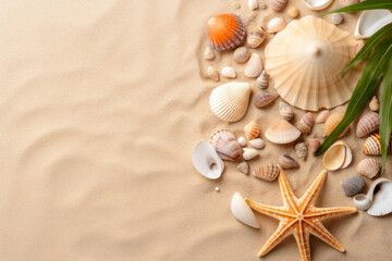 Fototapeta na wymiar Seashells and starfish on sand background. Top view, copy space