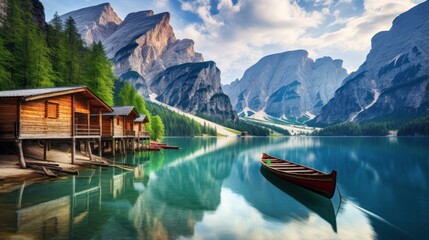 Obraz premium three huts with two boat in water on lake