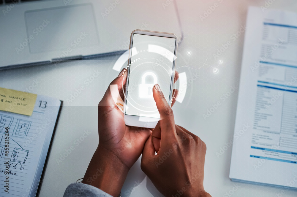 Aufkleber Hand, lock hologram and cyber security with phone, pin and mobile app with biometric at desk. Data protection, typing password and safety from scam, phishing and malware with fingerprint in office