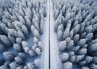 an aerial shot of snowy road in the middle of a forest