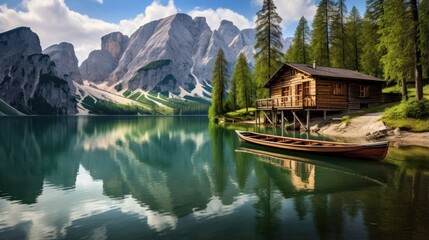 Obraz premium three huts with two boat in water on lake