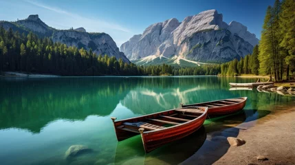 Foto op Canvas two wooden boats tied to a wooden dock in the mountains © olegganko