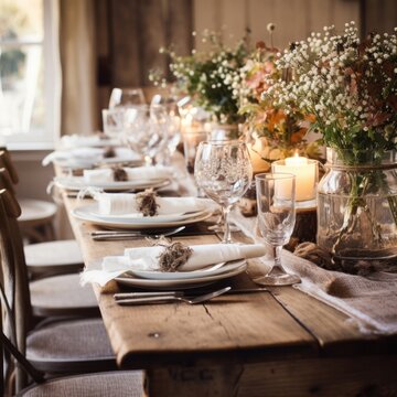 Rustic wooden table setting with festive accents