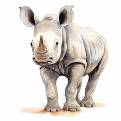 Watercolor Baby Rhinoceros isolated on white background
