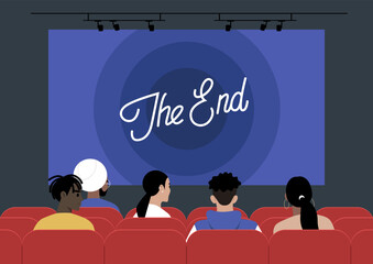 A cinema movie screen displaying The End signage, encompassing the realm of art and entertainment, with people seated on red-upholstered chairs - obrazy, fototapety, plakaty