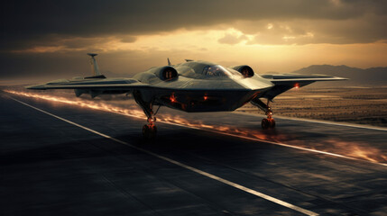 Fototapeta na wymiar Silhouette of spy drone ready for takeoff on the runway.