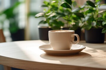 A Coffee Cup and Plant Adorn a Table in a Cozy Coffee Shop Studio Interior.