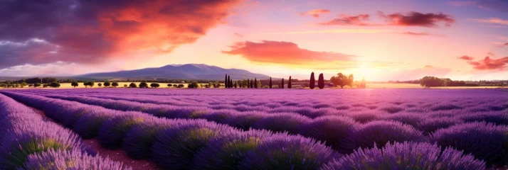 Fotobehang a lavender field at sunset © olegganko