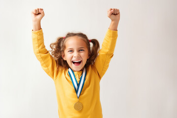 Portrait of a happy little girl with medal celebrating victory over white background