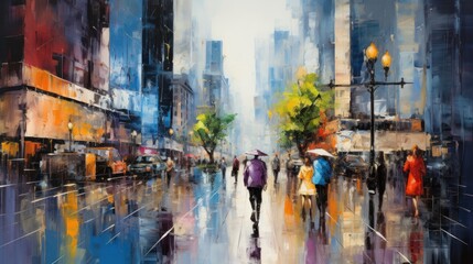 impressionist style oil painting. Bustling cityscape with bold brushstrokes and pops of color. - obrazy, fototapety, plakaty