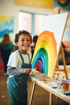 Boy painting a rainbow on a canvas