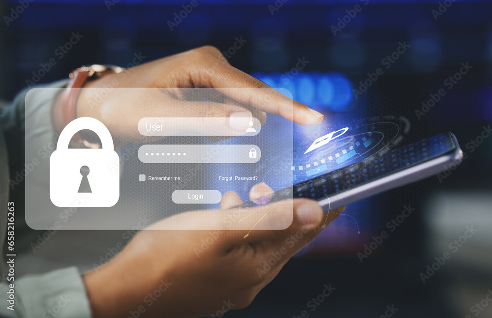 Poster Hand, lock hologram and password with phone, pin and mobile app with biometric at desk. Data protection, typing cyber security and safety from scam, phishing and malware with fingerprint in office