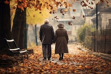 An lovely old couple walk hand in hand from the park to the road during the fall season...