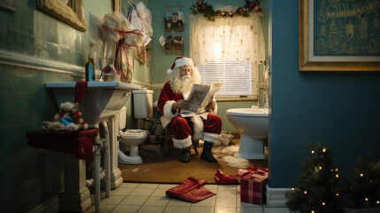 Weihnachtsmann sitzt auf der Toilette und liest Zeituung
