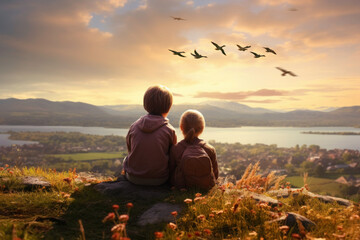 Children observing flock of geese during migration. Children sitting on hill and observing beautiful nature. Flying geese